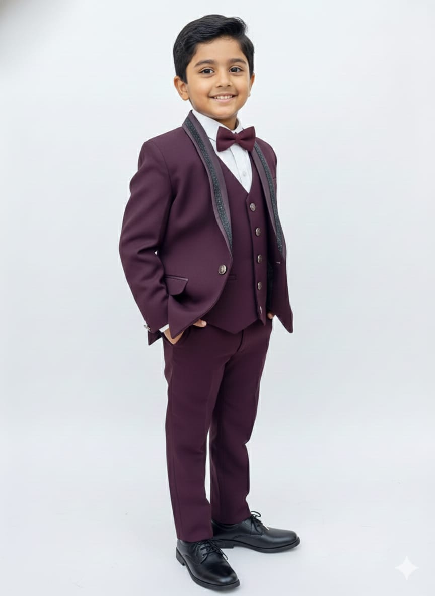 Young boy wearing a maroon suit with a bow tie on a white background