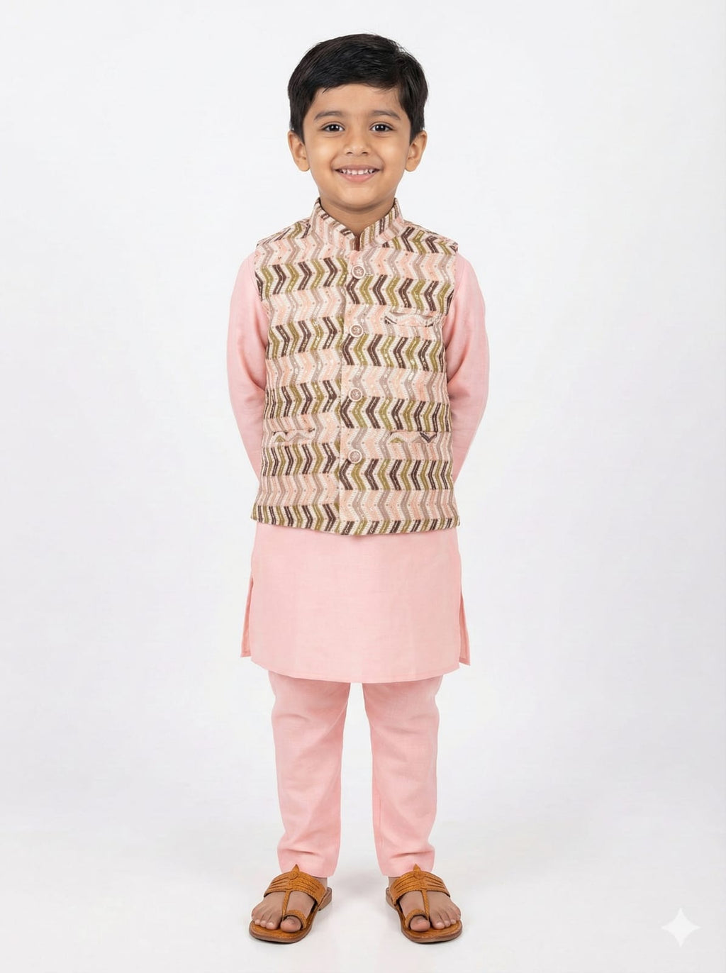 PEACH EMBROIDERED NEHRU JACKET KURTA SET FOR KIDS
