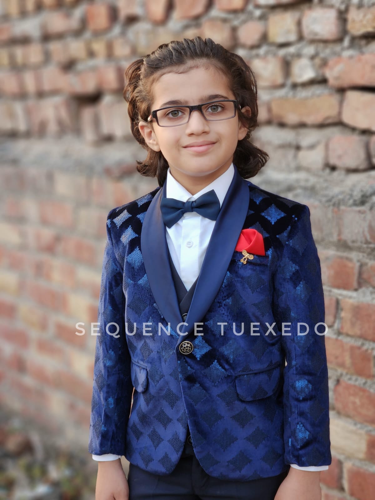 NAVY EMBROIDERY VELVET SUIT FOR BOYS 5 PCS
