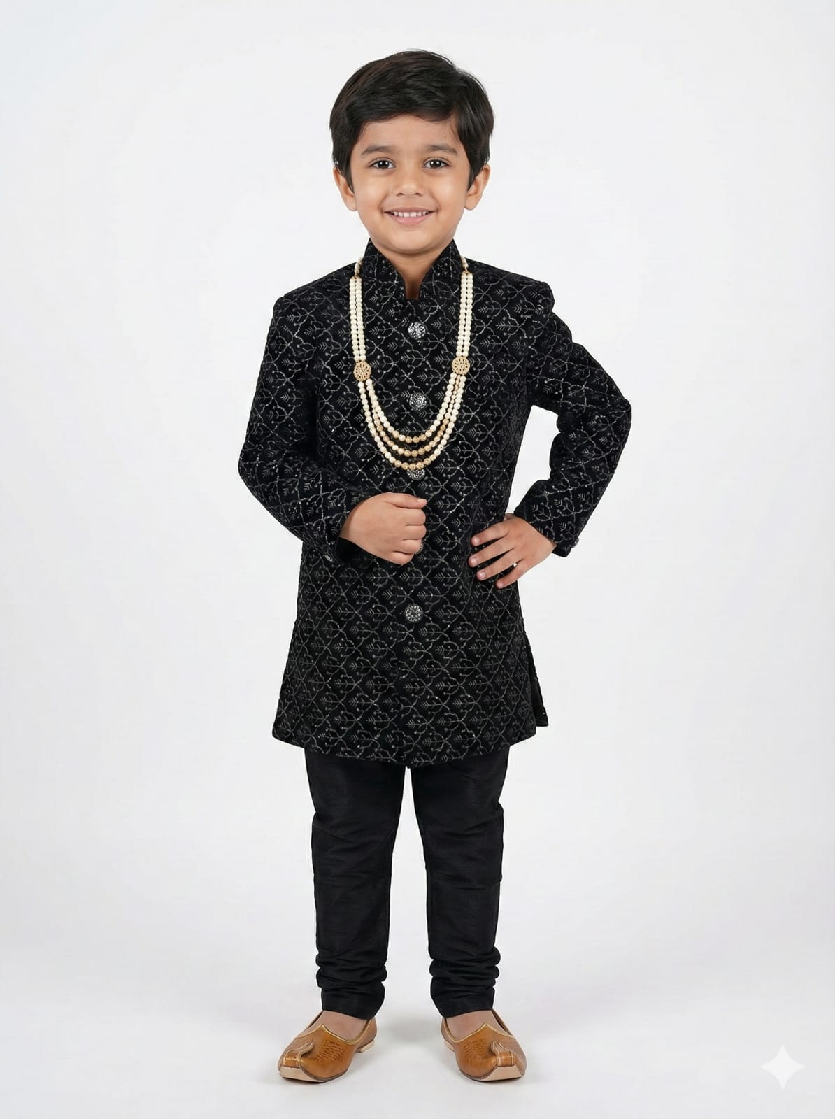 Child wearing a black traditional outfit with a white background
